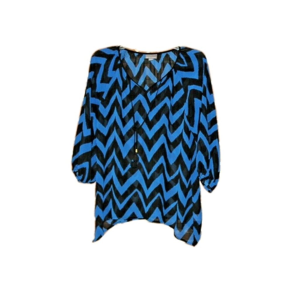 Roz & Ali Swing Tunic Chevron Stripe Black and Blue  Semi Sheer V Neck Siz Small